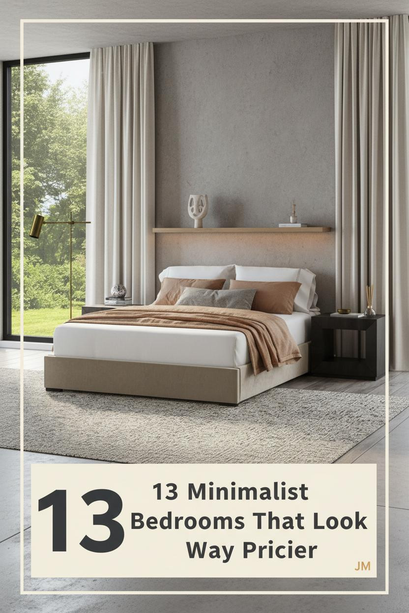 Modern minimalist bedroom with stone grey plaster walls, natural ash floating shelf, concrete floors, and dusty linen bedding in warm tones