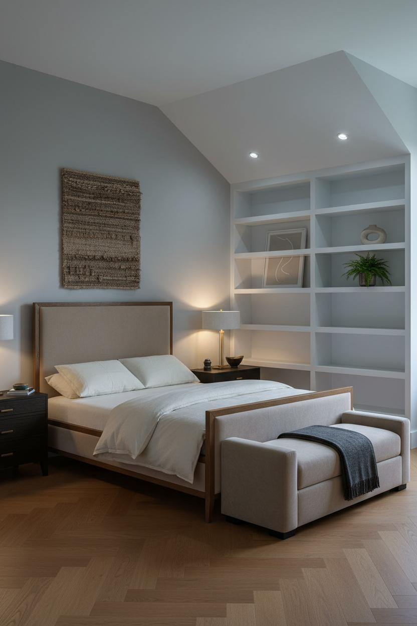 Modern Neutral Attic Bedroom Built In Shelves