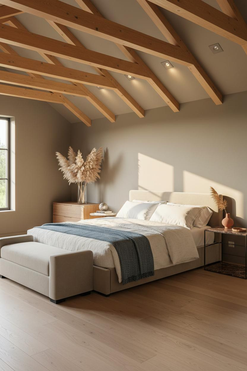 Modern Neutral Attic Bedroom Wood Beams