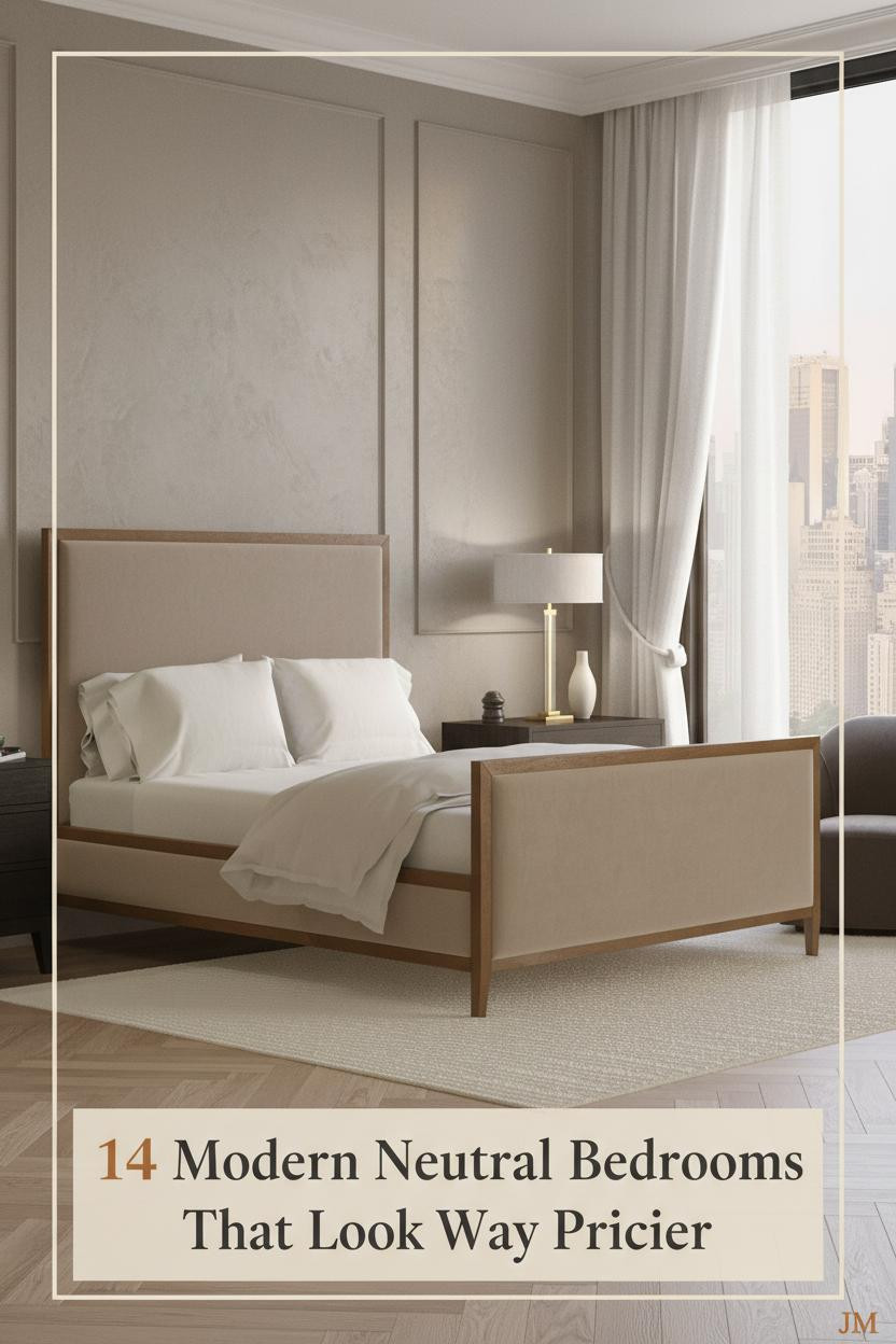 Warm greige plaster accent wall with troweled texture, pale oak herringbone floor, ivory linen bedding, sheer curtains, and minimal ceramic decor