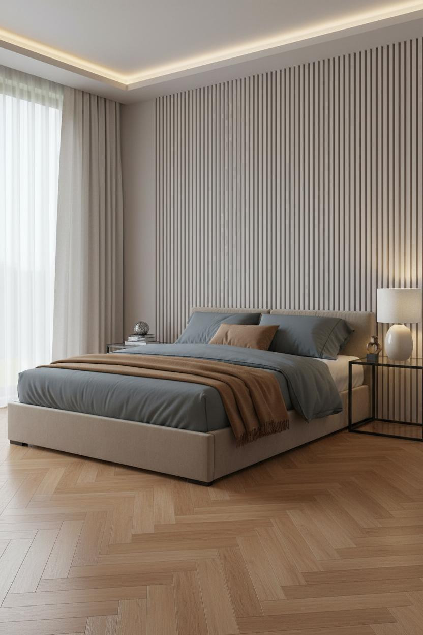 Modern Neutral Bedroom Wood Accent Wall