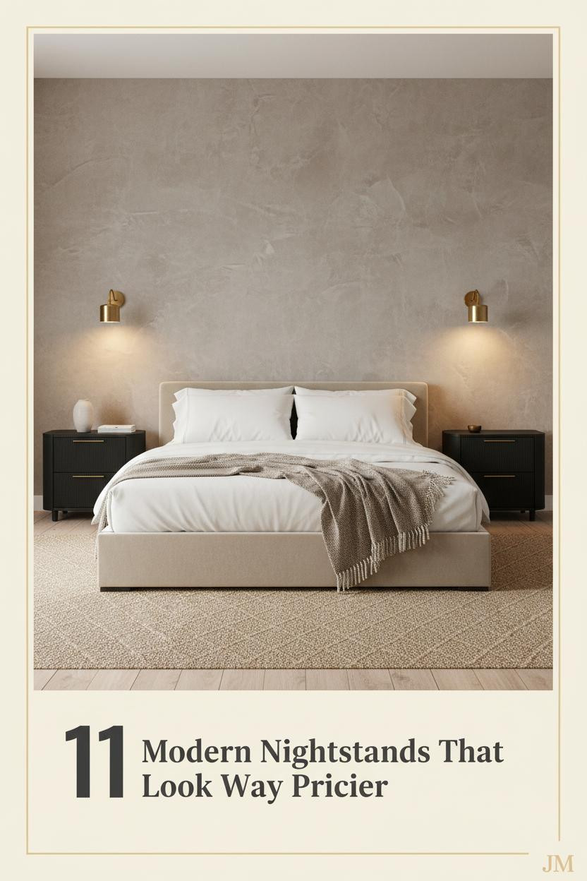 Minimalist bedroom with warm greige plaster wall, oak flooring, platform bed, ivory linen, and paired sconces flanking a matte ceramic nightstand