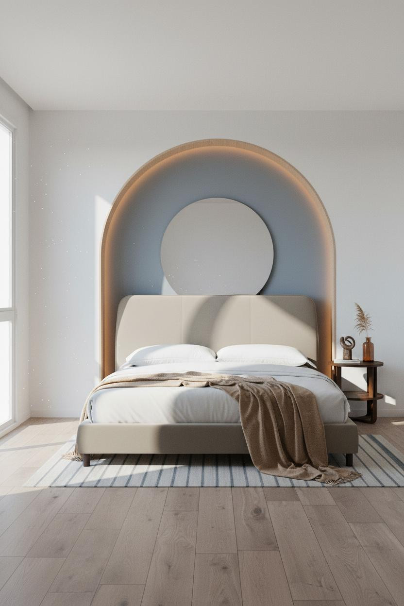 Modern Studio Apartment Coastal Bedroom Arched Niche Accent Wall
