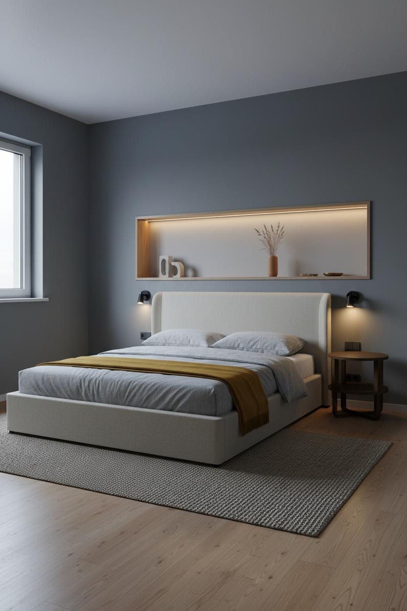 Modern Studio Apartment Compact Bedroom Slate Accent Wall Niche Shelving