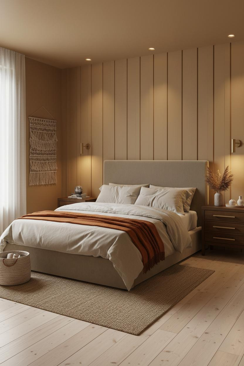 Modern Studio Apartment Warm Camel Board And Batten Accent Wall