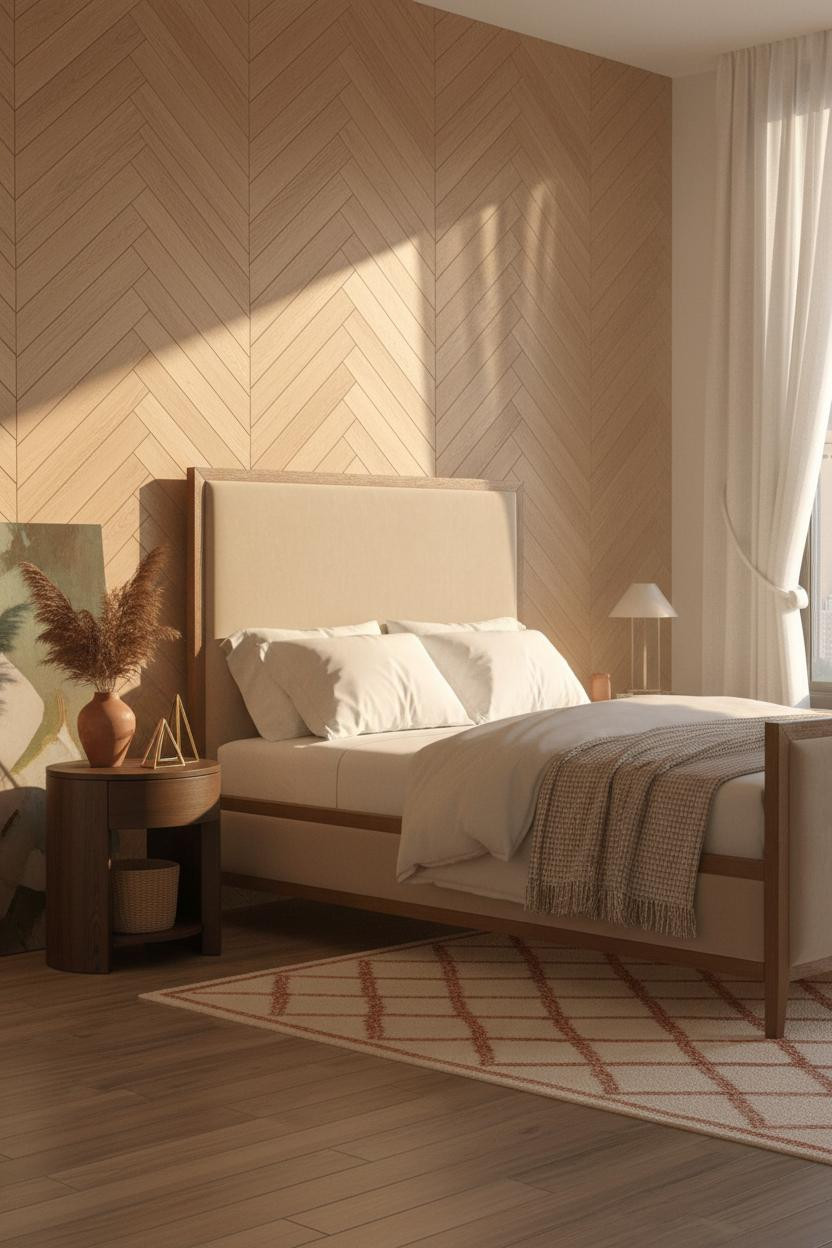 Modern Studio Apartment Warm Botanical Herringbone Accent Wall