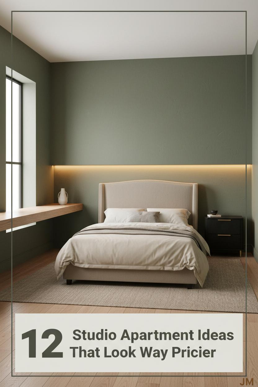 Compact studio with moss green plaster walls, floating oak shelf, amber LED cove lighting, oat linen bedding, and jute runner on warm hardwood floors