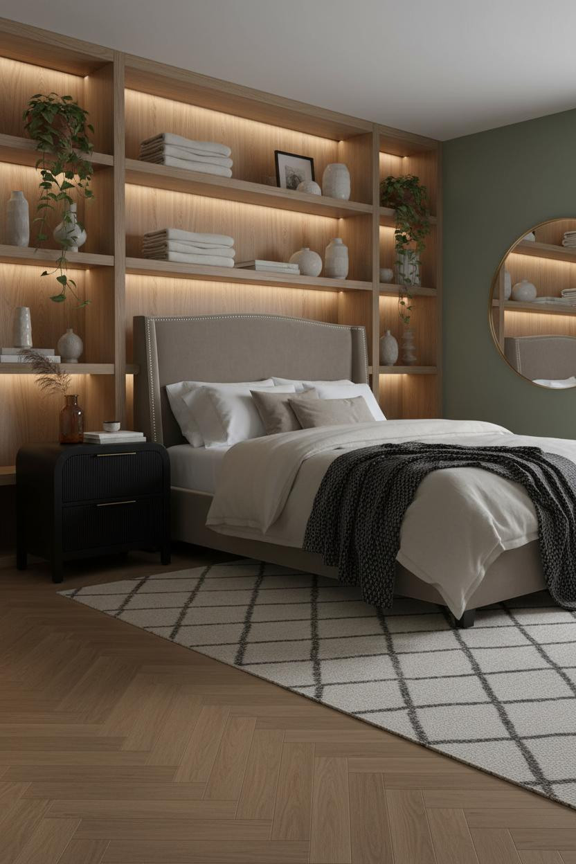 Modern Studio Apartment Japandi Bedroom Design Moss Green Walls Oak Shelving