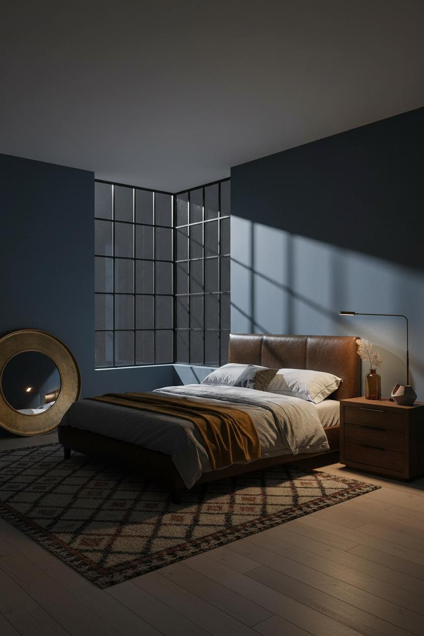 Moody Blue Bedroom Denim Brass Window