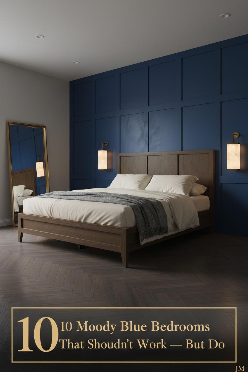Navy board-and-batten headboard wall with brass sconces, cream percale bedding, slate linen throw, and burnished brass mirror on stone-grey wall