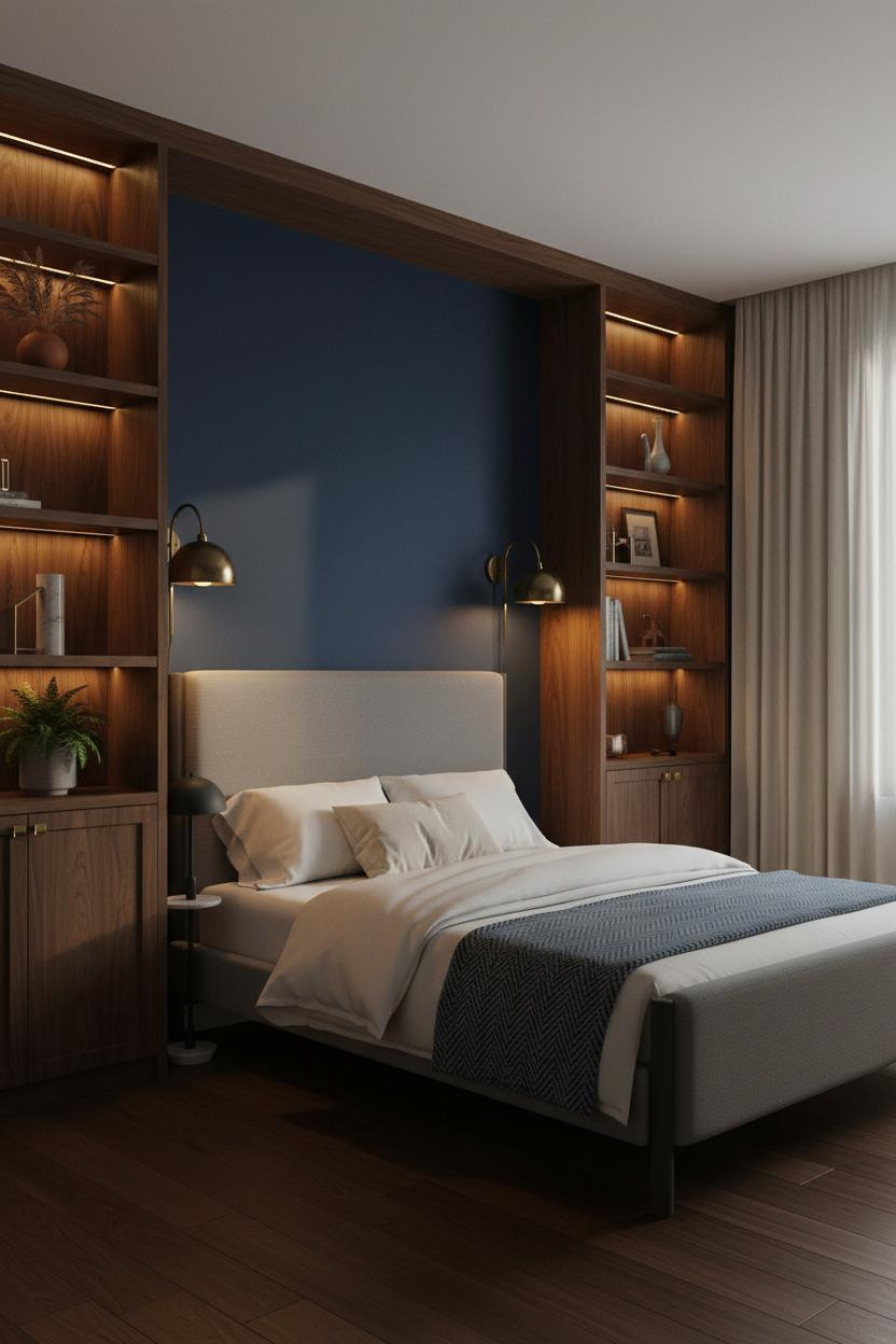 Moody Blue Bedroom Dark Navy Aesthetic Japandi Walnut Shelving