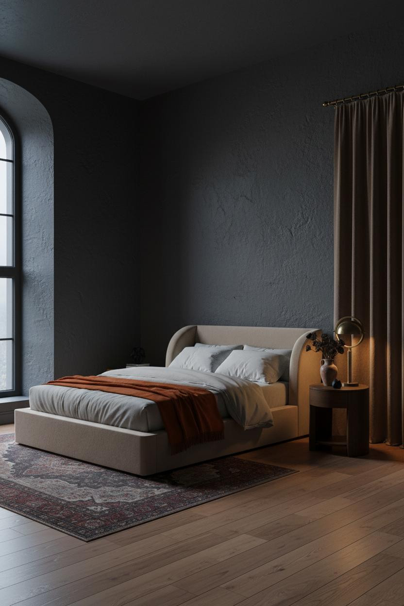 Moody Guest Bedroom Charcoal Walls Brass Lamp