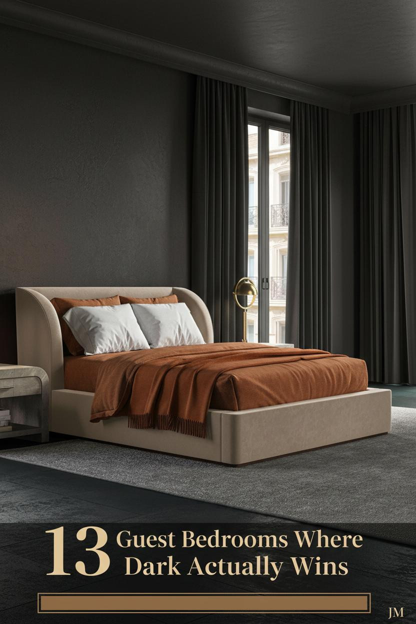 Moody guest bedroom with charcoal plaster wall, dark oak floors, raw umber linen bedding, burnt orange mohair throw, and warm amber brass lamp