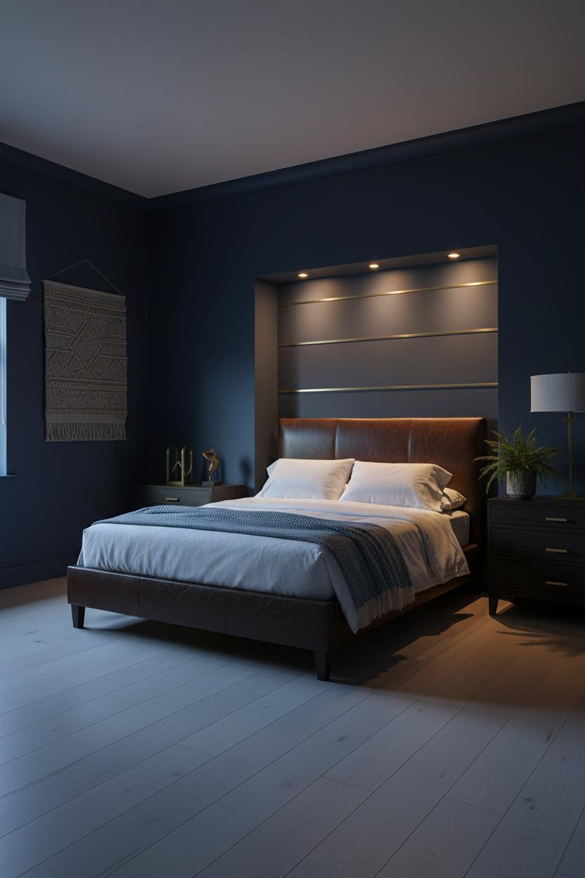 Moody Guest Bedroom Indigo Walls Brass Nightstand