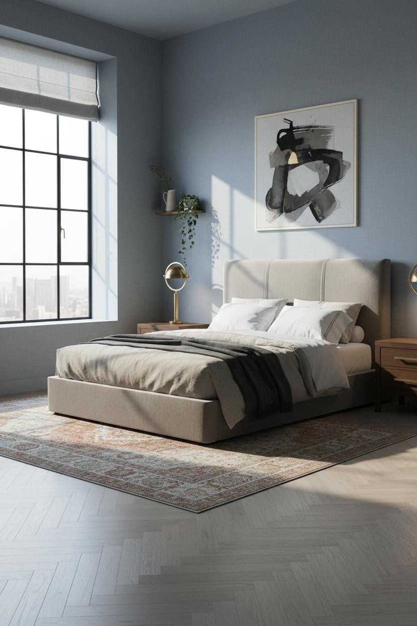 Moody Guest Bedroom Neutral Walls Soft Lighting