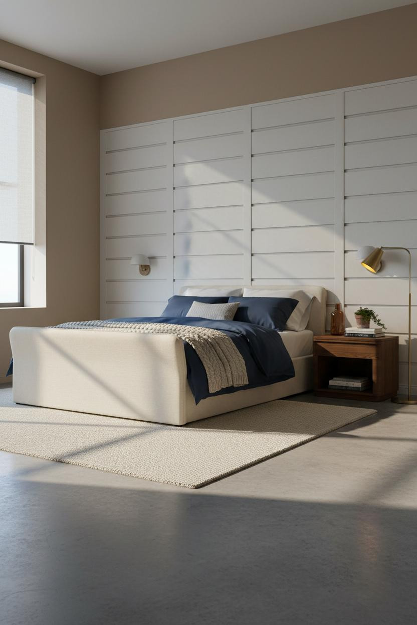 Moody Guest Bedroom Paneled Headboard Brass Lighting