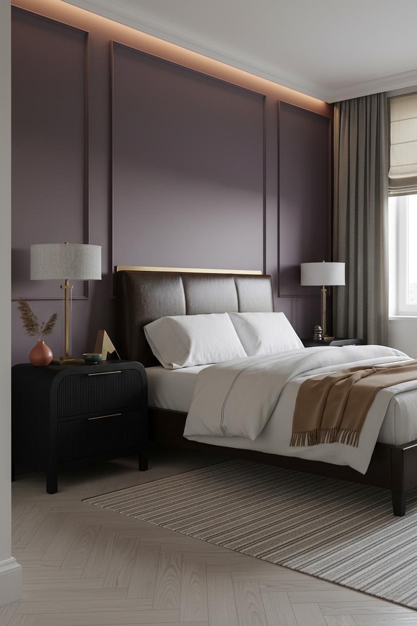 Moody Guest Bedroom Dark Plum Brass Head Wall