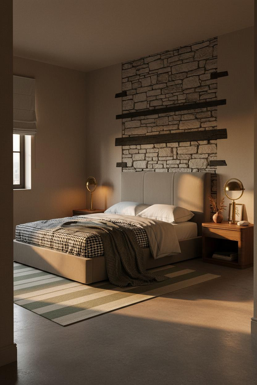 Moody Guest Bedroom Stone Accent Wall Lighting