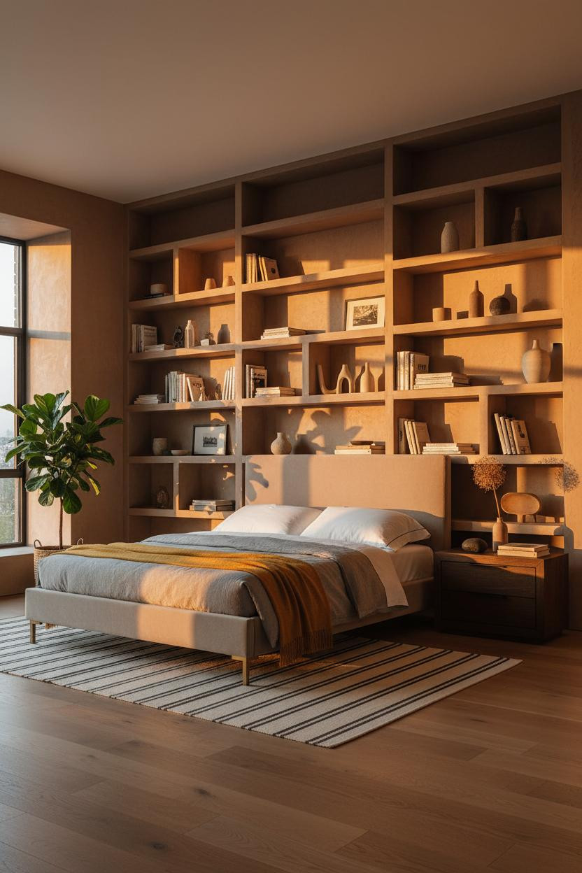 Moody Guest Bedroom Warm Lighting Bookshelf