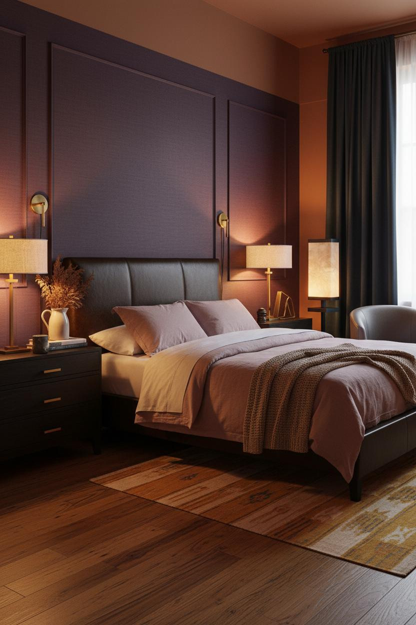 Moody Maximalist Bedroom Aubergine Brass Lighting