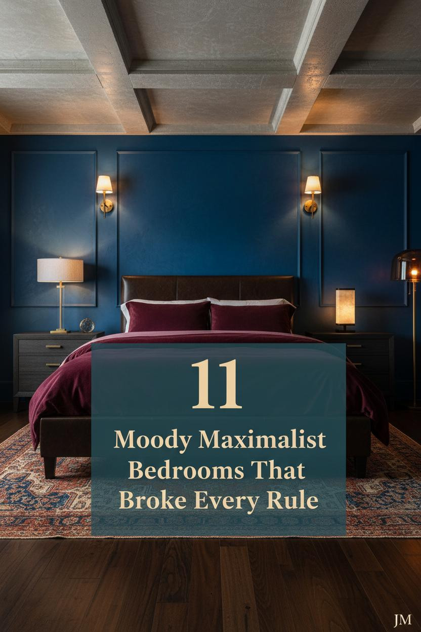 Moody maximalist bedroom with cobalt limewash wall, burgundy velvet bedding, brass sconces, dark walnut floors, and layered vintage Oushak rug