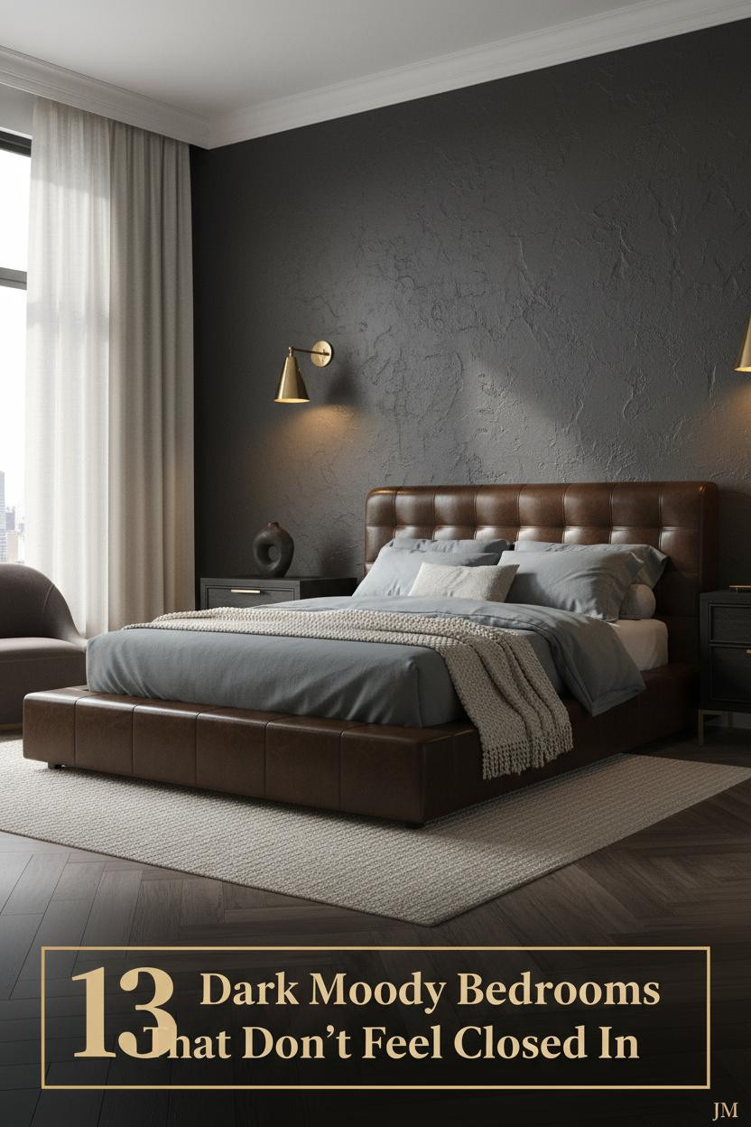 Dark moody bedroom with charcoal plaster accent wall, brass sconces, slate linen bedding, boucle throw, and bone curtains framing tall window