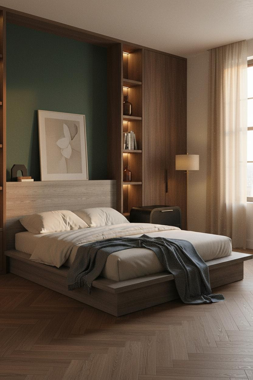 Moody Modern Bedroom Walnut Shelving Golden Light