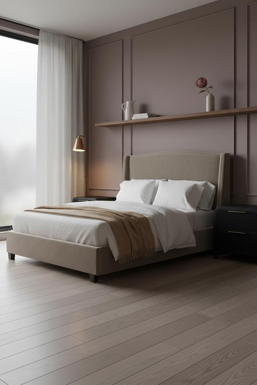 Moody Modern Bedroom Walnut Shelving Plum