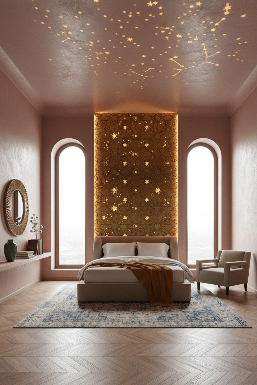 Moroccan Bedroom Brass Panel Arched Windows