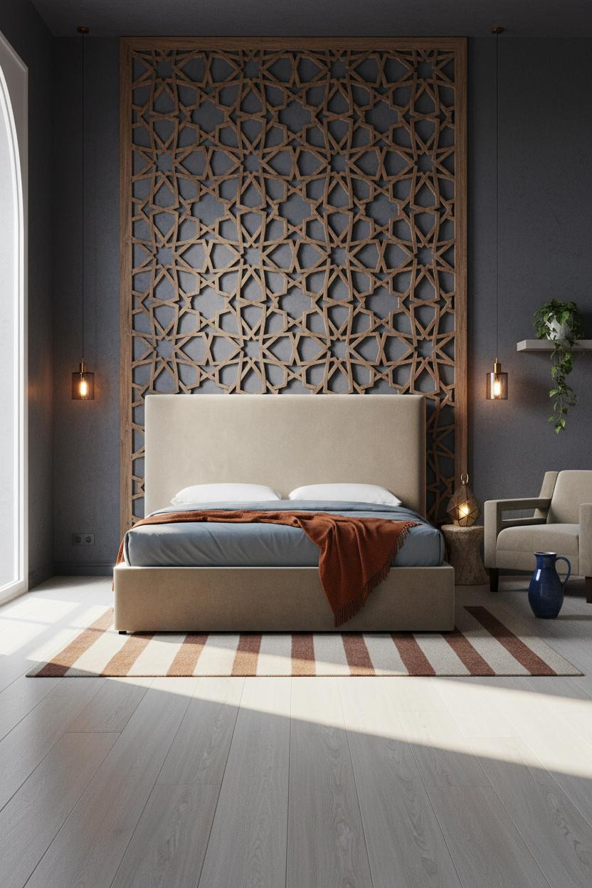 Moroccan Bedroom Geometric Walnut Lattice