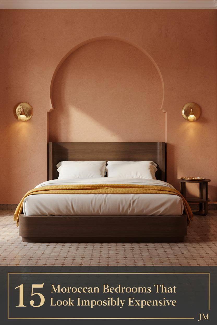 Moroccan bedroom with terracotta tadelakt walls, horseshoe arched niche, ivory bedding, saffron throw, and warm brass sconce lighting