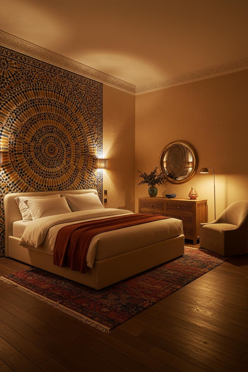 Moroccan Bedroom Zellige Tiles Amber Lighting