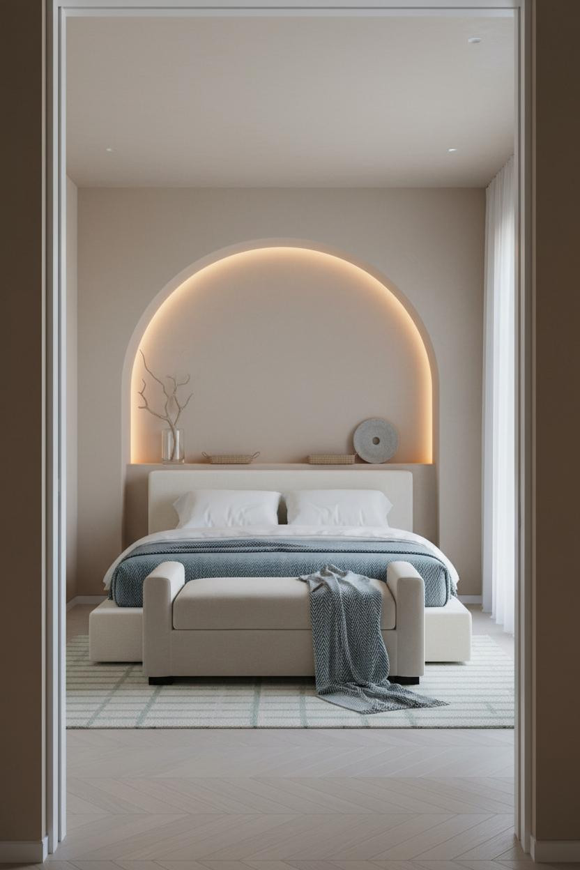 Neutral Coastal Bedroom Curved Alcove Master Bed