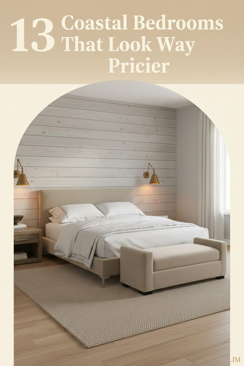 Neutral coastal bedroom with driftwood shiplap wall, dove grey plaster, bleached oak floors, cream linen bedding, brass sconces, and sheer curtains