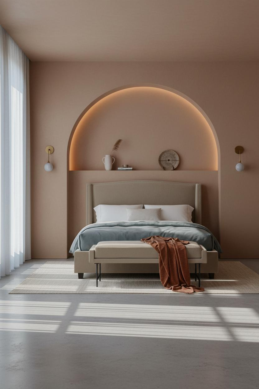 Neutral Coastal Bedroom Japandi Arched Alcove