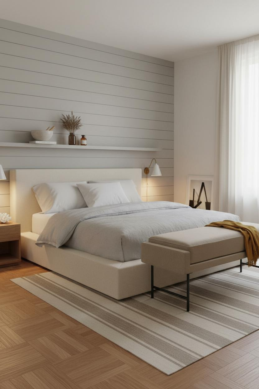 Neutral Coastal Bedroom Shiplap Accent Wall