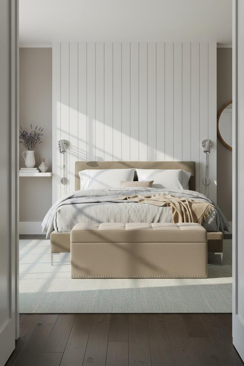 Neutral Coastal Bedroom White Oak Slats