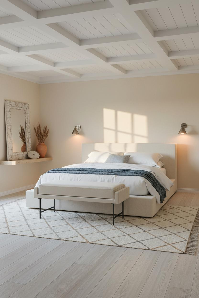 Neutral Coastal Bedroom Whitewashed Coffered Ceiling