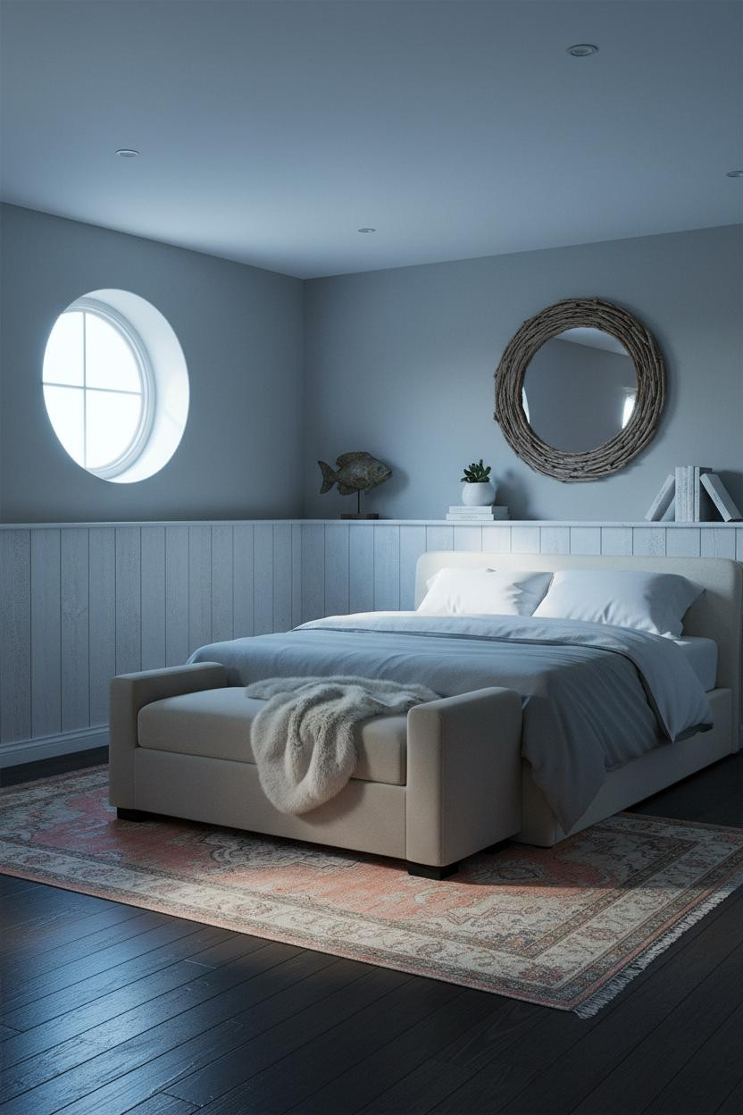 Neutral Coastal Bedroom Whitewashed Wainscoting