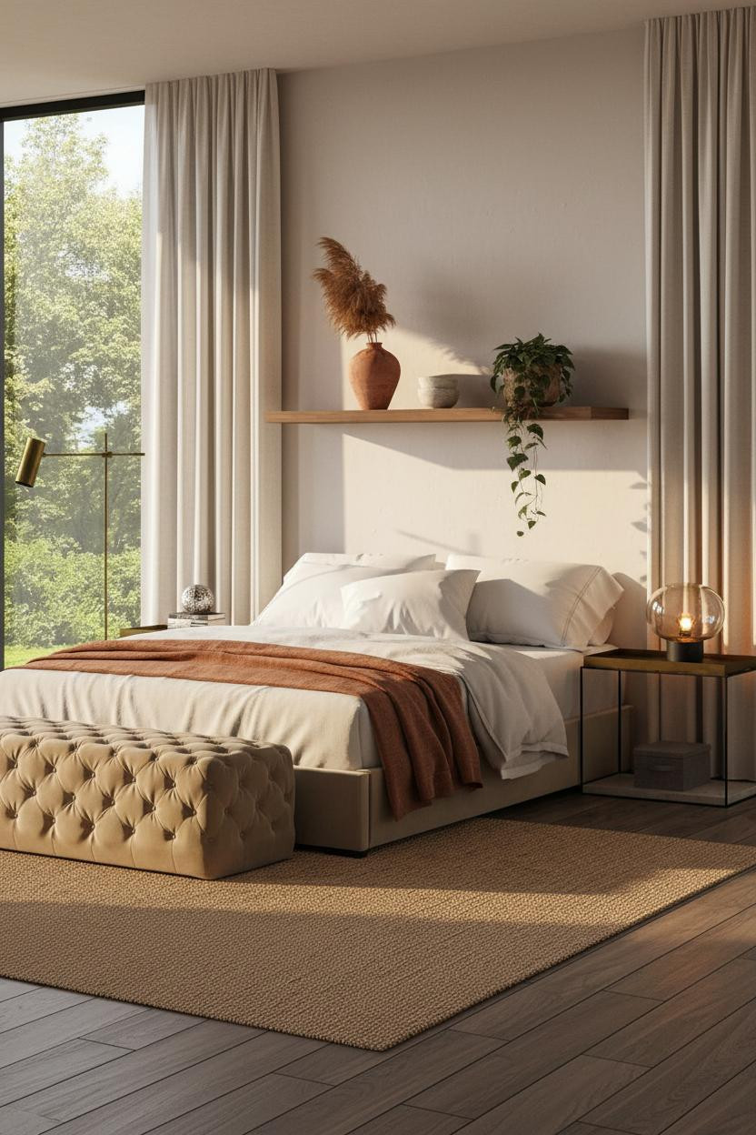 Neutral Earthy Bedroom Walnut Shelf Linen