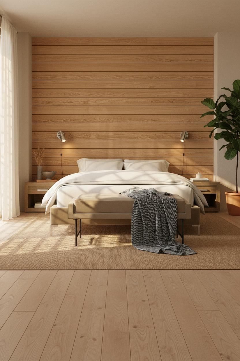 Neutral Earthy Bedroom Wood Slat Accent