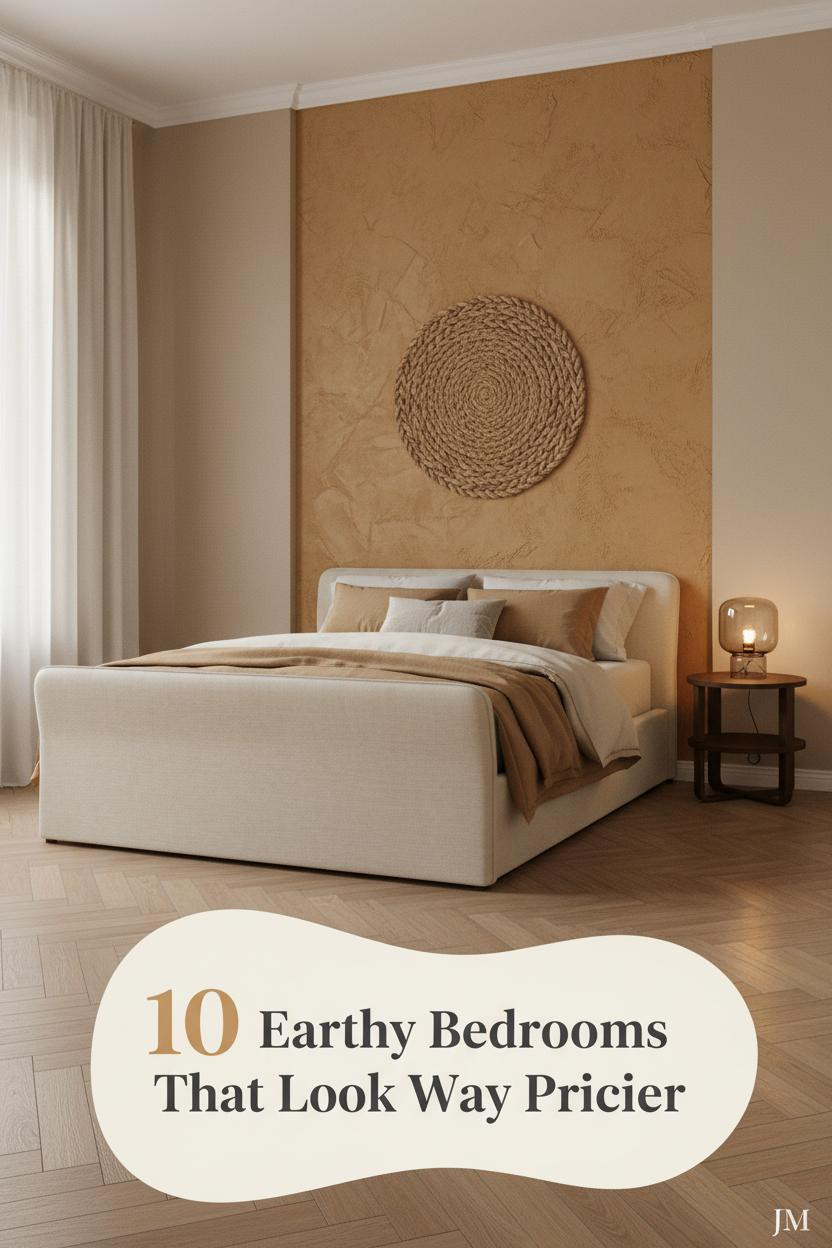 Ochre plaster accent wall, honey herringbone parquet floor, camel linen bedding, woven jute wall hanging, and amber lamp in a warm earthy bedroom