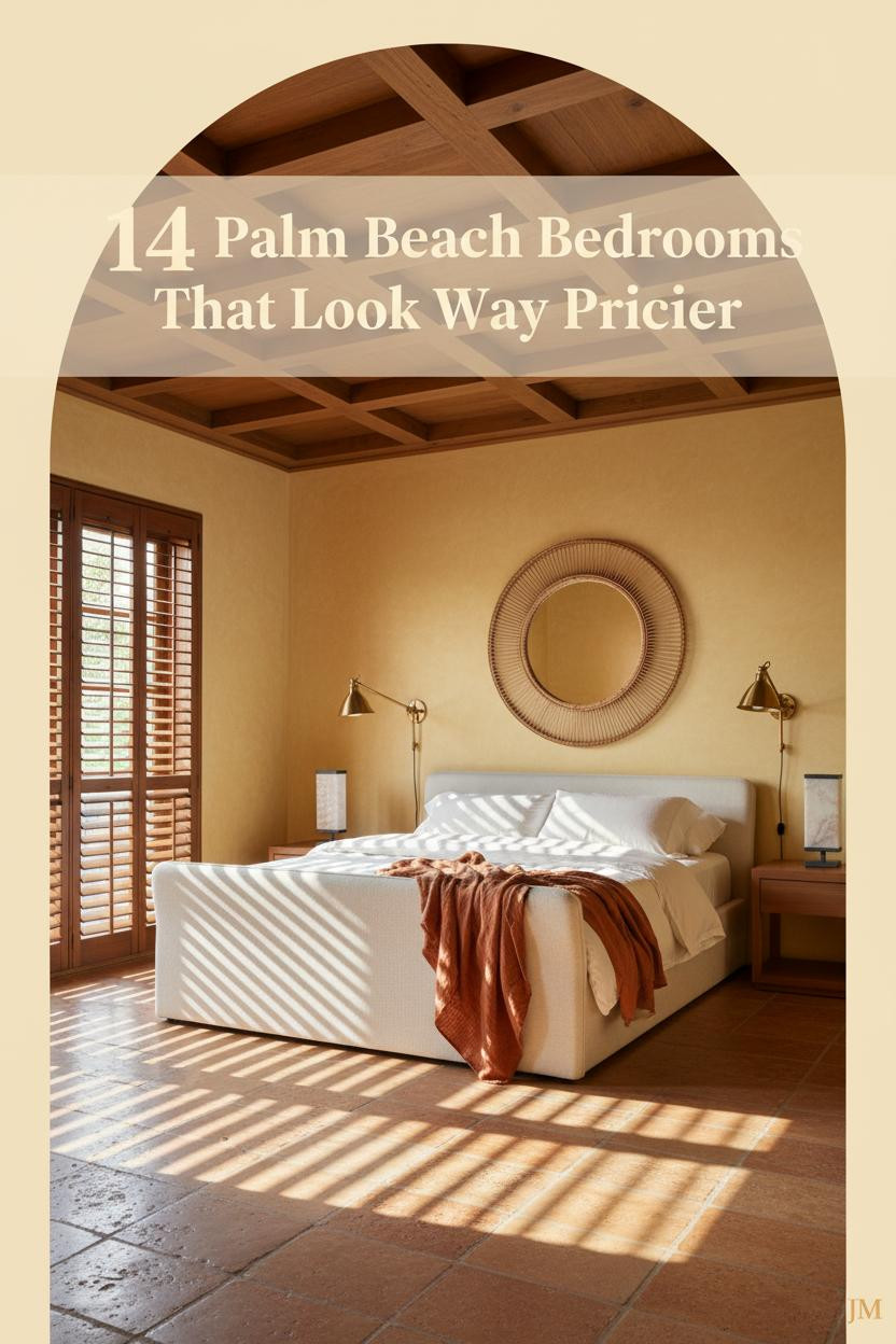 Palm Beach bedroom with butter-yellow walls, honey coffered ceiling, teak louvers, coral stone tile, ivory bedding, and rattan mirror accents