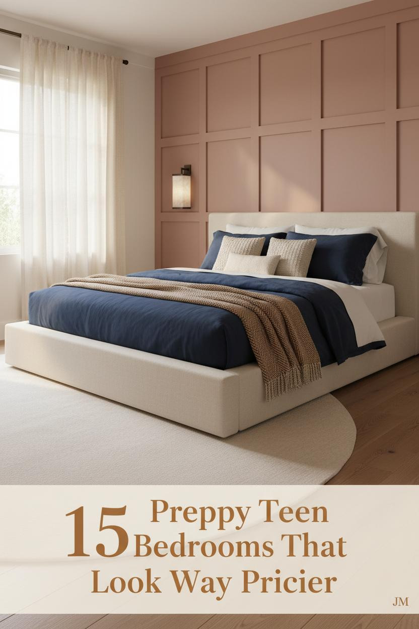 Preppy teen bedroom with dusty rose board-and-batten wall, navy and cream layered bedding, brass sconces, and bleached oak flooring in soft morning light