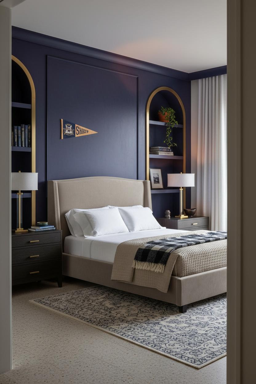 Preppy Teen Bedroom Navy Shelving Brass