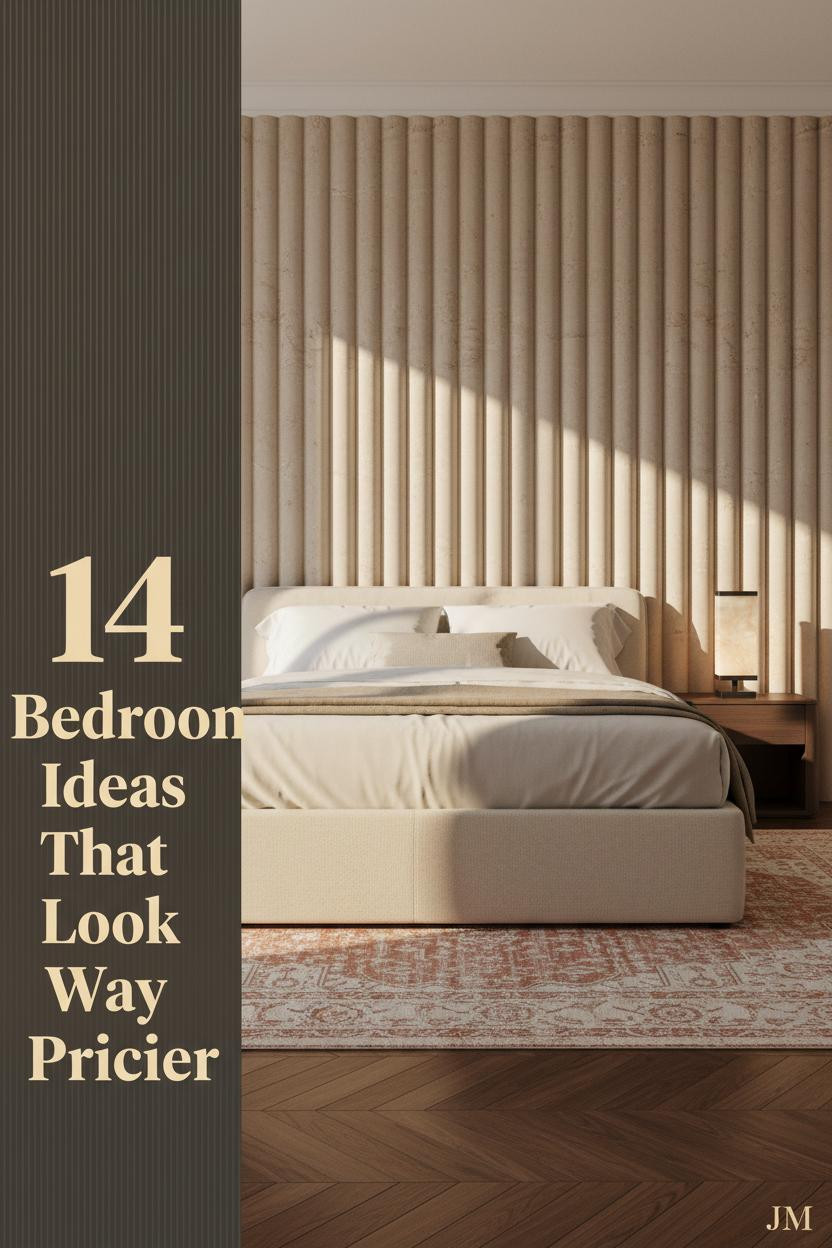 Luxury bedroom with tall fluted travertine headboard, herringbone walnut floor, Persian rug, ivory linen bedding, and warm brass lamps