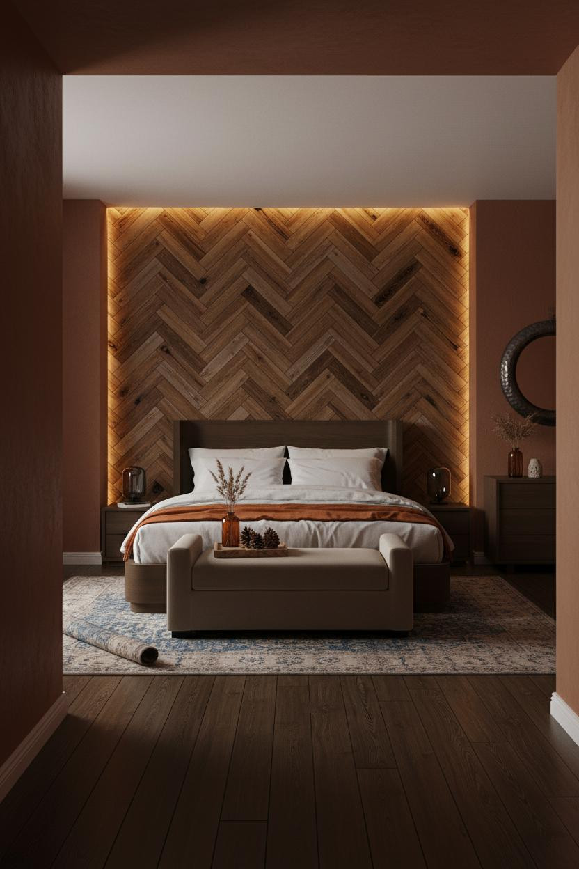 Rustic Chic Bedroom Herringbone Wood Wall