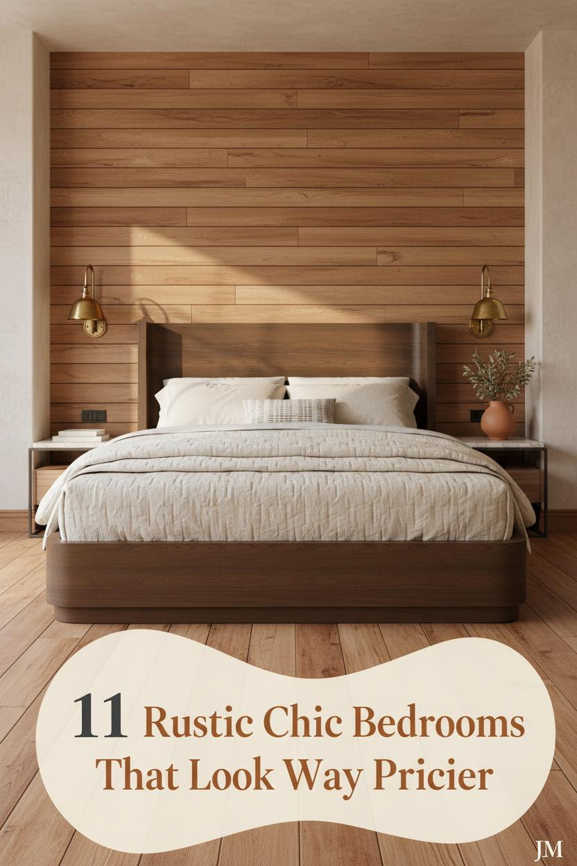 Rustic chic bedroom with honey shiplap accent wall, limewash plaster, wide-plank chestnut floors, antique brass sconces, and oatmeal linen bedding