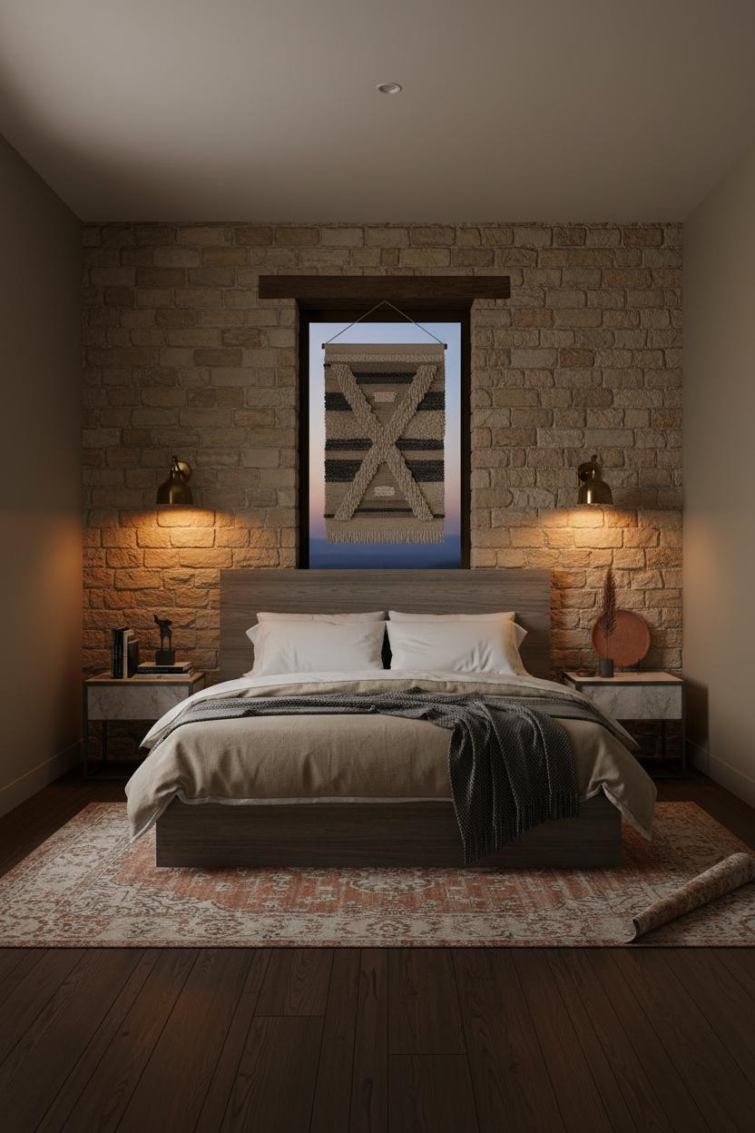Rustic Chic Bedroom Stone Accent Wall