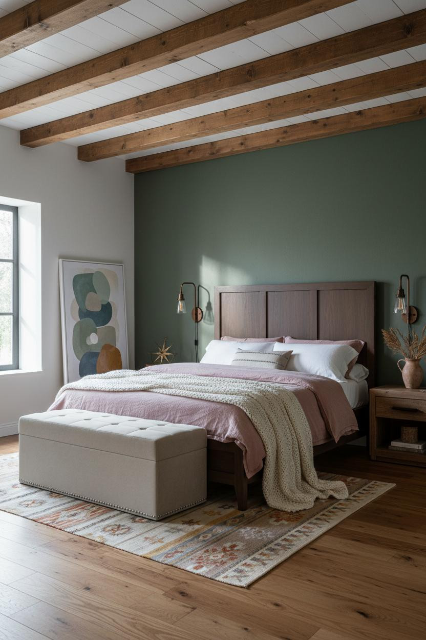 Rustic Farmhouse Bedroom Exposed Timber Green Walls